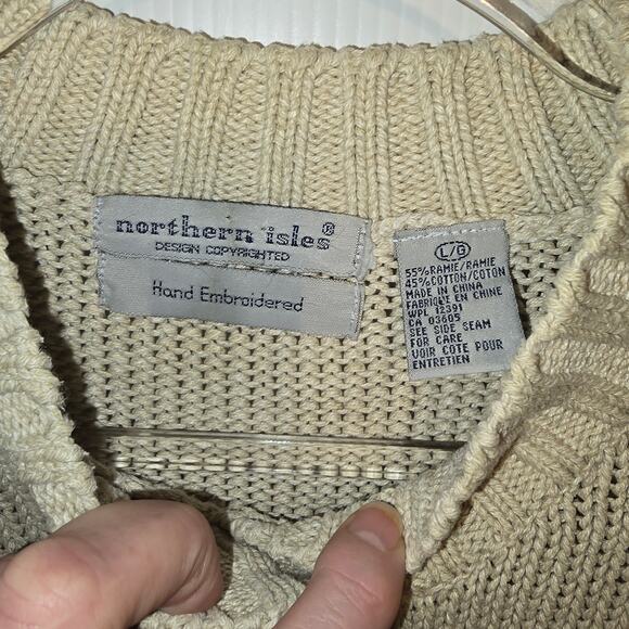 Vintage Y2K Northern Isle Ramie Cotton Sweater 3D Hand Embroidery Tan Size L - Picture 4 of 8